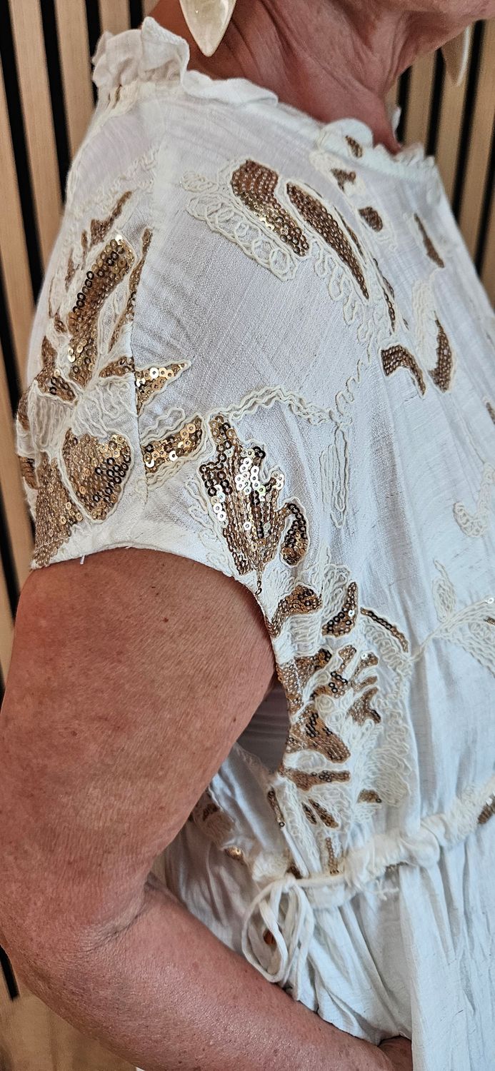 FLY OUT Embellished Floral Midi Dress – Cream
