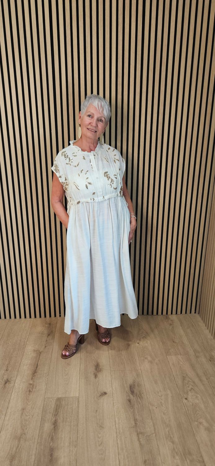 FLY OUT Embellished Floral Midi Dress – Cream