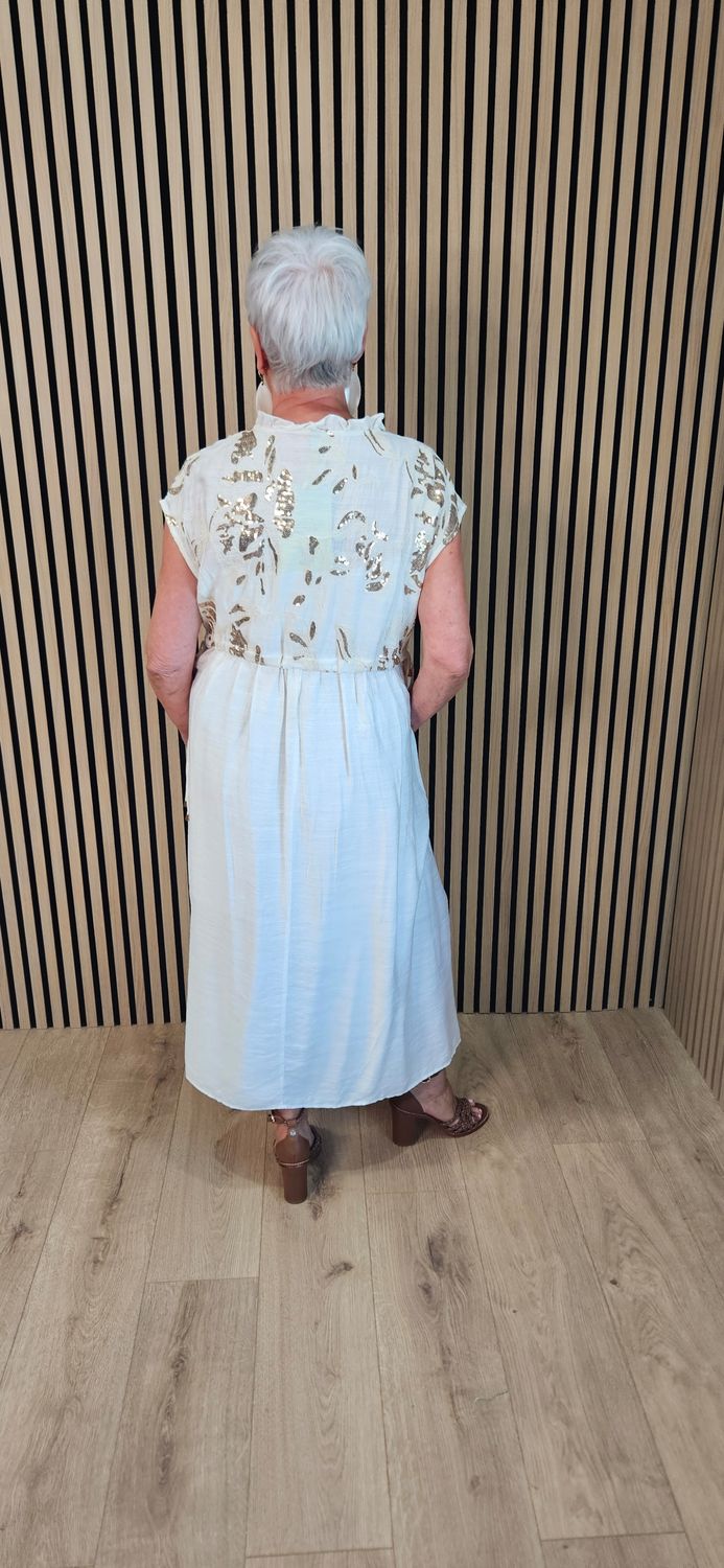 FLY OUT Embellished Floral Midi Dress – Cream