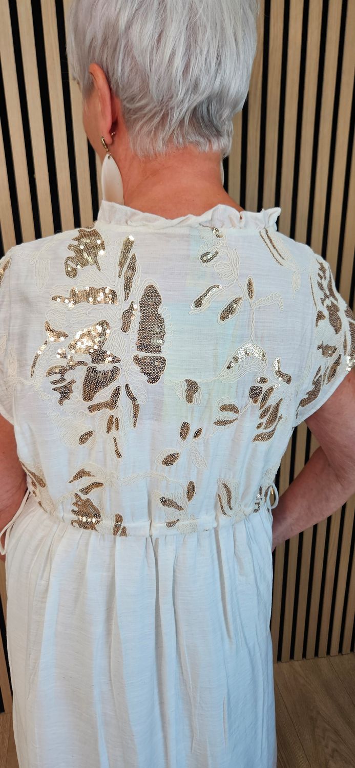 FLY OUT Embellished Floral Midi Dress – Cream