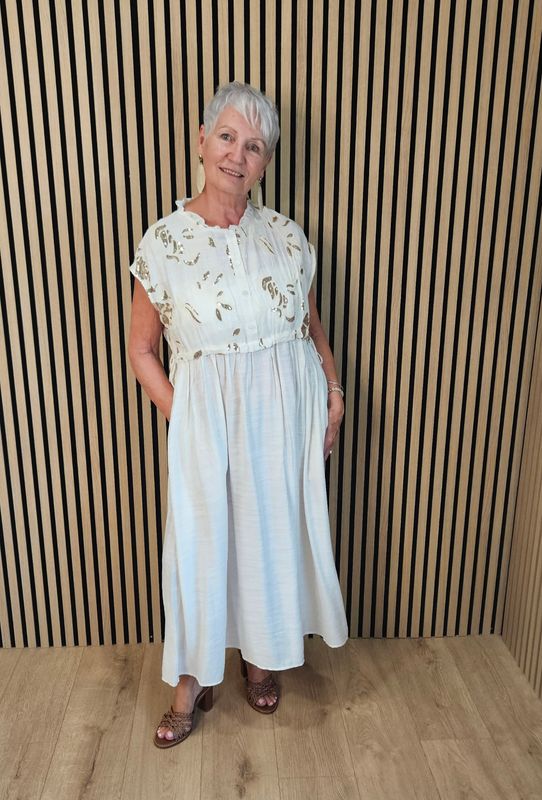 FLY OUT Embellished Floral Midi Dress – Cream