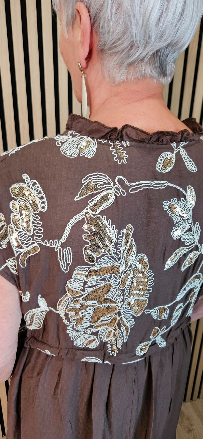 FLY OUT Embellished Floral Midi Dress – Brown