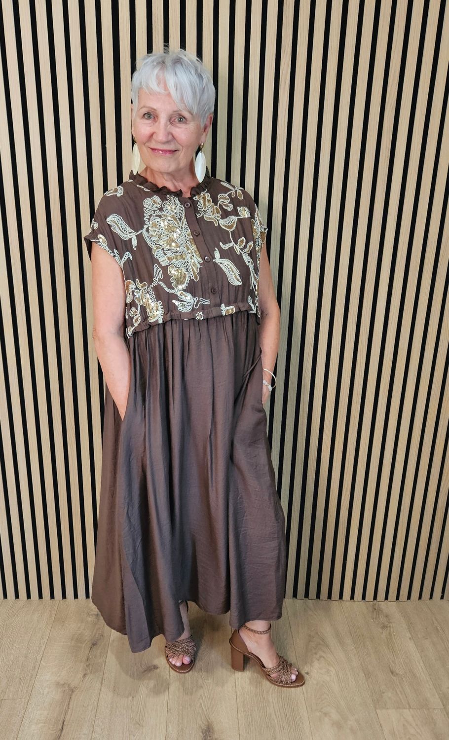 FLY OUT Embellished Floral Midi Dress – Brown