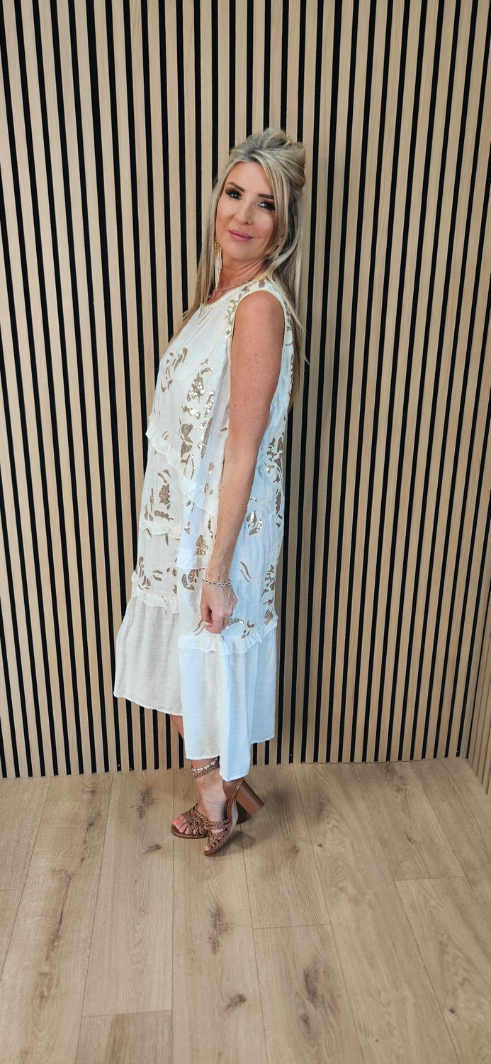 FLY OUT Sequin Floral Tiered Midi Dress ~ Cream 