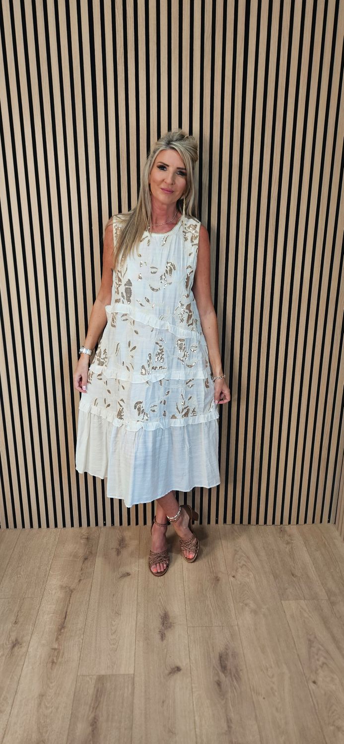 FLY OUT Sequin Floral Tiered Midi Dress ~ Cream 
