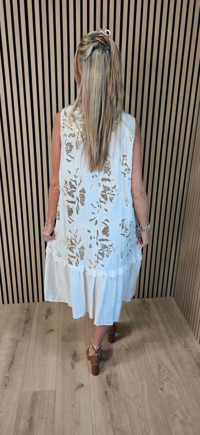 FLY OUT Sequin Floral Tiered Midi Dress ~ Cream 
