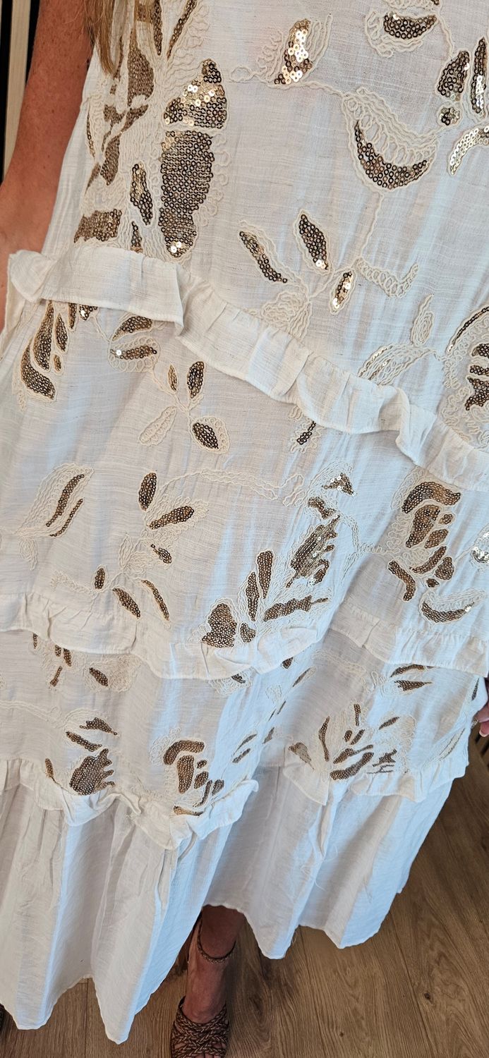 FLY OUT Sequin Floral Tiered Midi Dress ~ Cream 