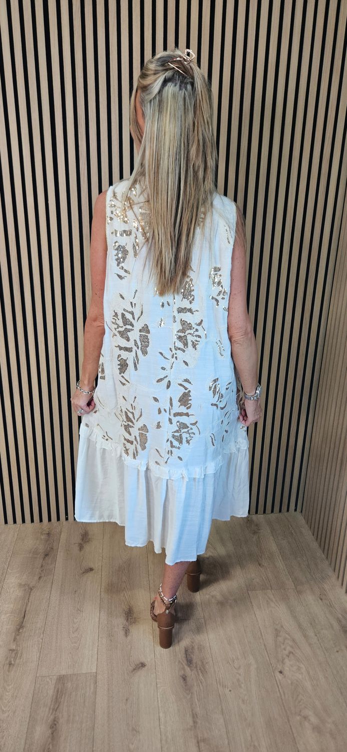 FLY OUT Sequin Floral Tiered Midi Dress ~ Cream 