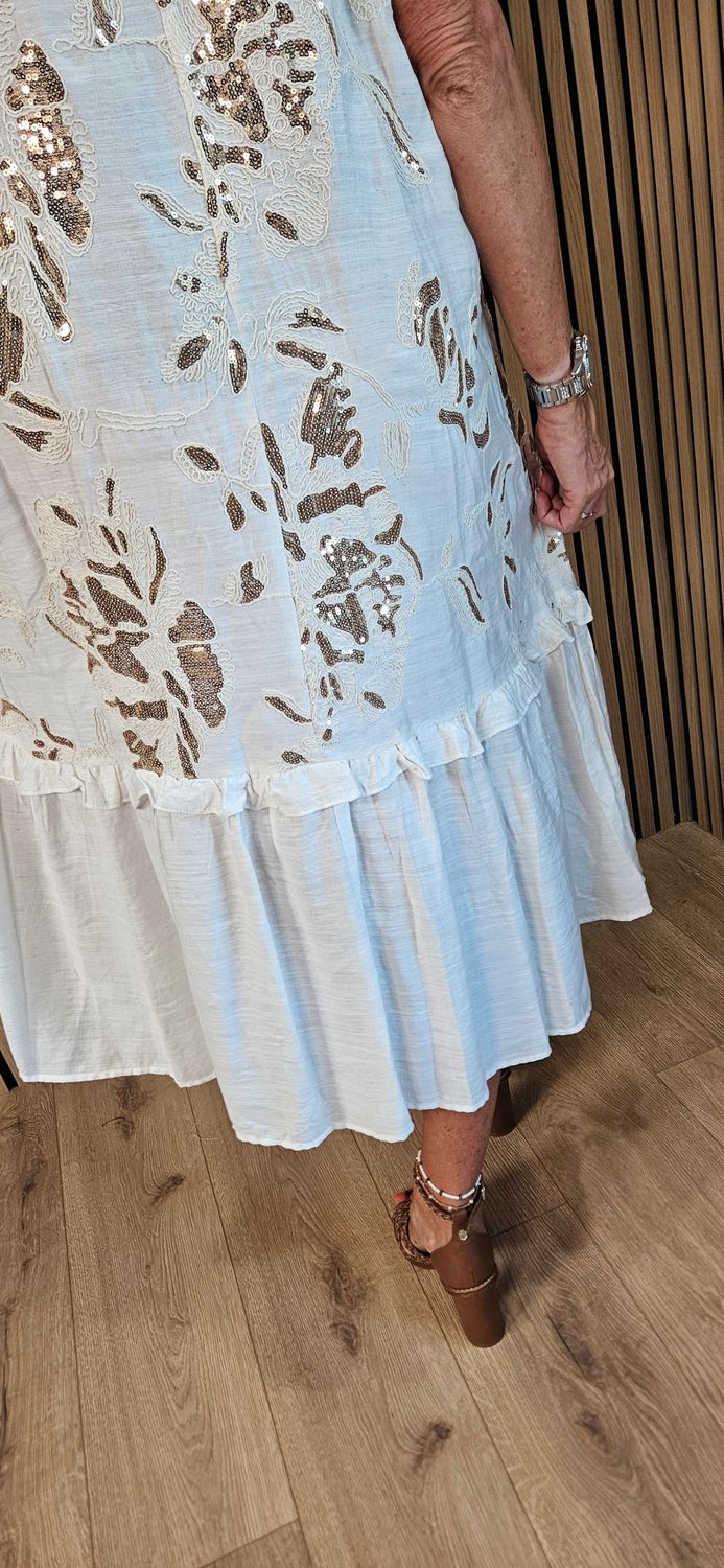 FLY OUT Sequin Floral Tiered Midi Dress ~ Cream 
