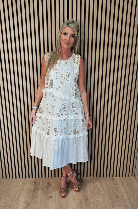 FLY OUT Sequin Floral Tiered Midi Dress ~ Cream 