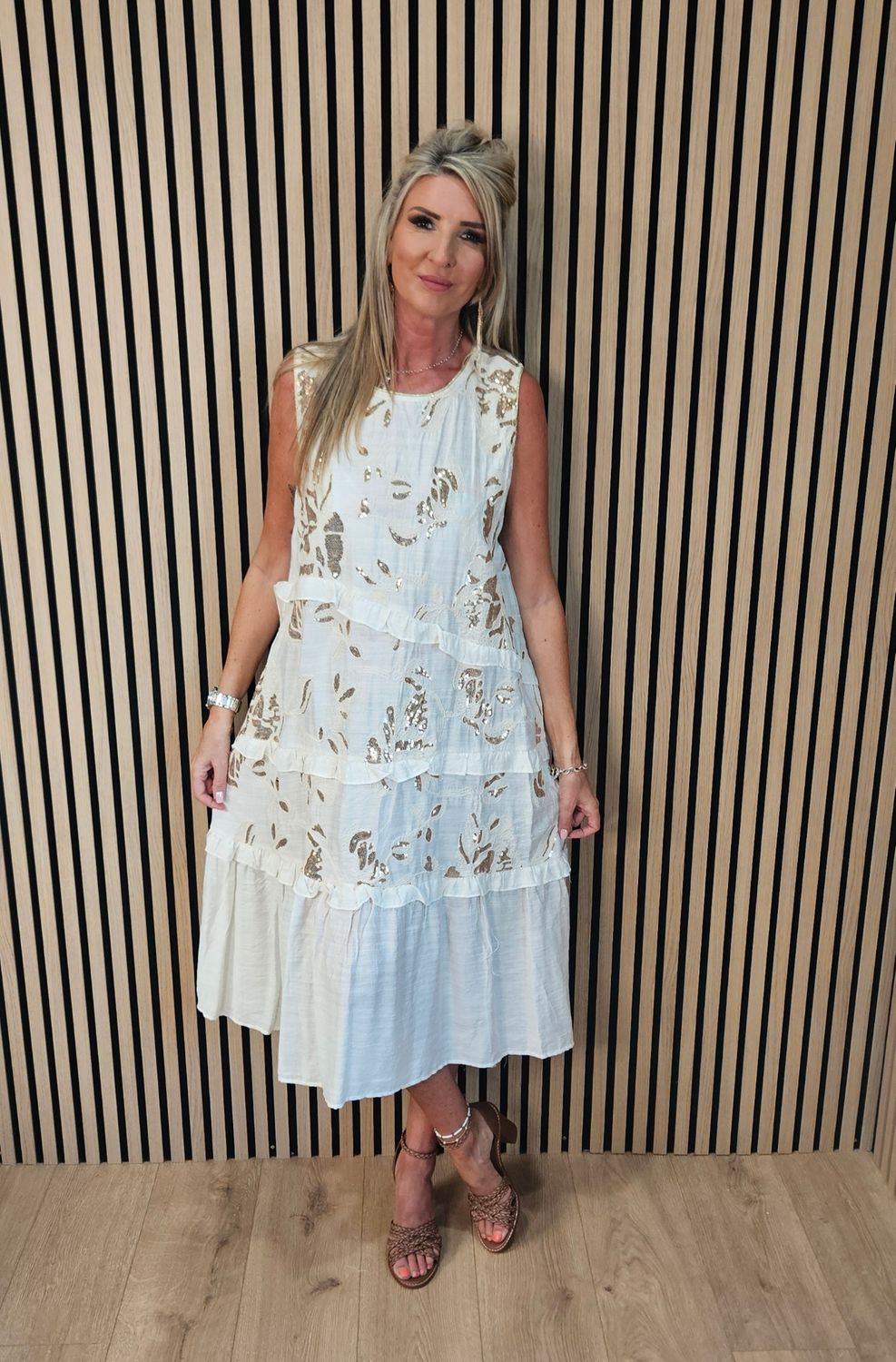 FLY OUT Sequin Floral Tiered Midi Dress ~ Cream 
