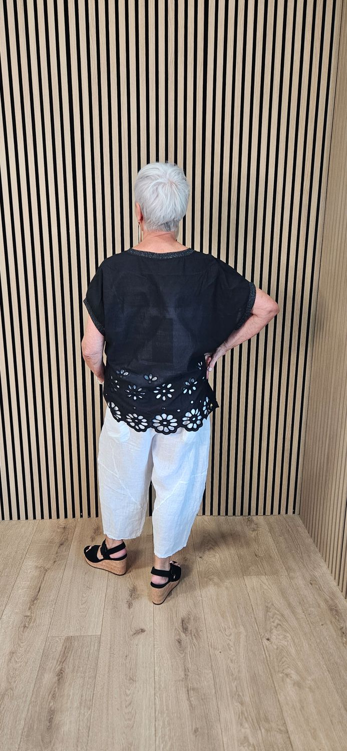 FLY OUT Floral Cutwork Cotton Top – Black