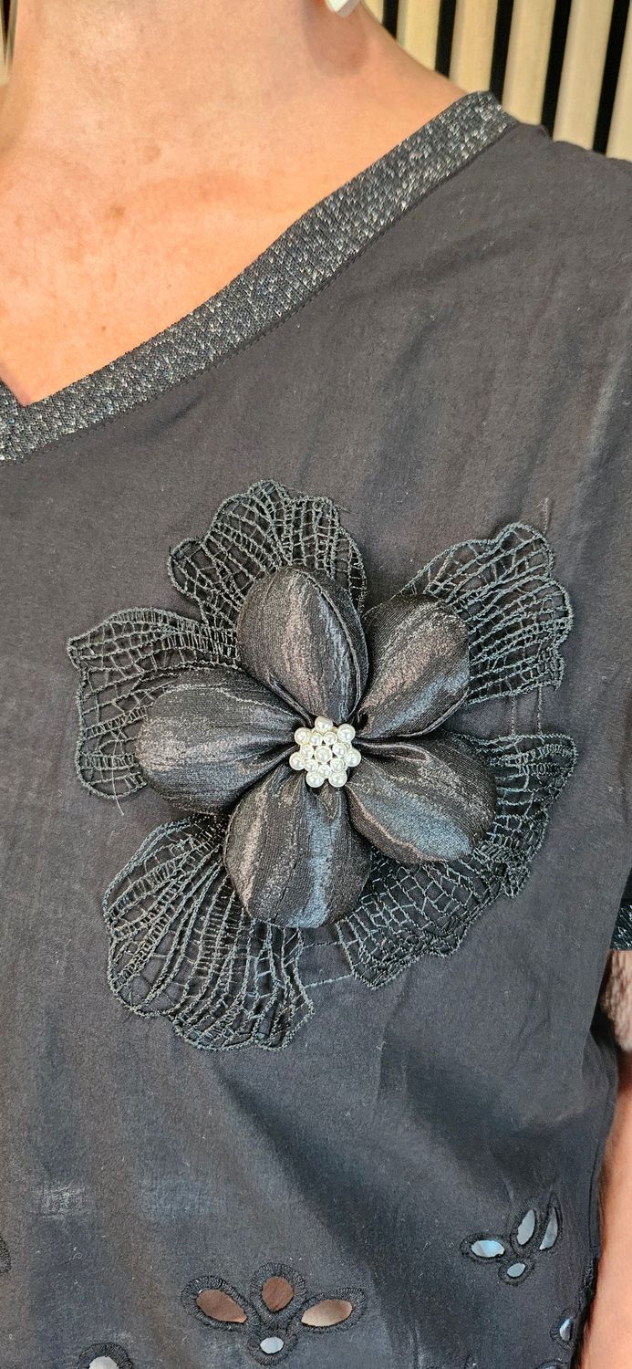 FLY OUT Floral Cutwork Cotton Top – Black