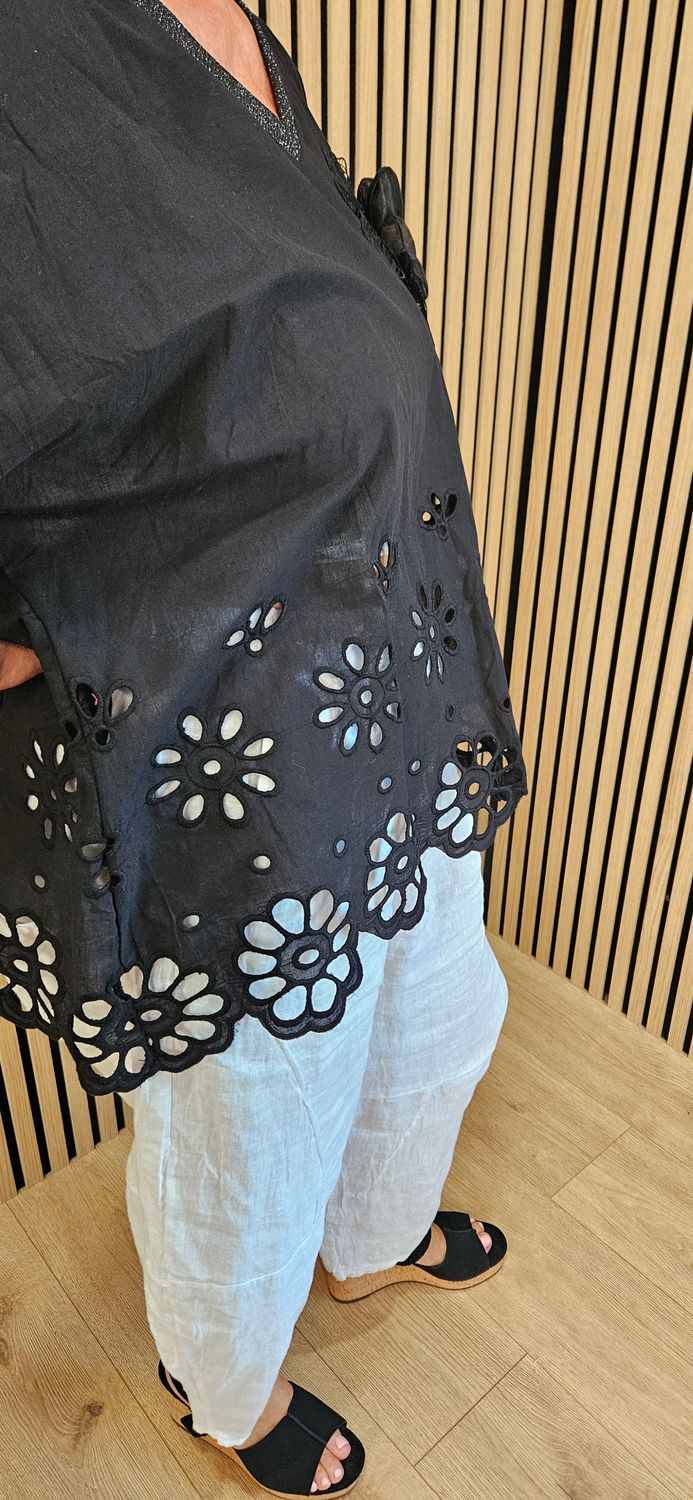 FLY OUT Floral Cutwork Cotton Top – Black
