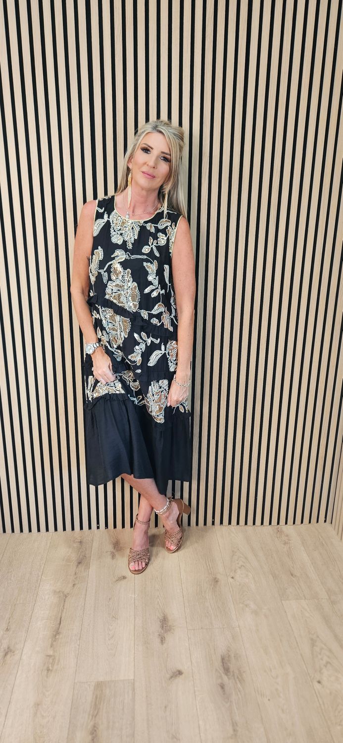 FLY OUT Sequin Floral Tiered Midi Dress ~ Black