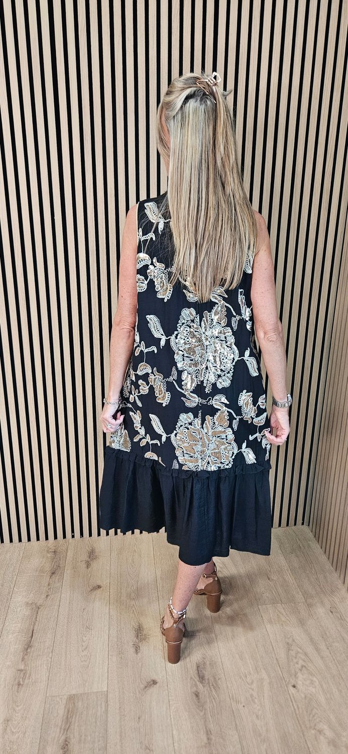 FLY OUT Sequin Floral Tiered Midi Dress ~ Black