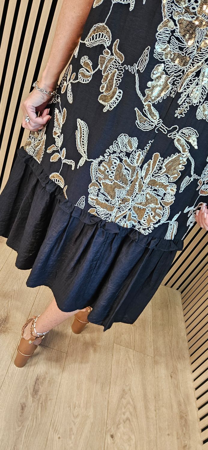 FLY OUT Sequin Floral Tiered Midi Dress ~ Black