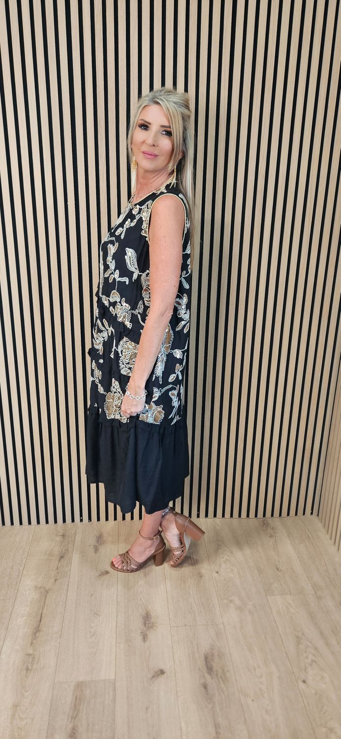 FLY OUT Sequin Floral Tiered Midi Dress ~ Black