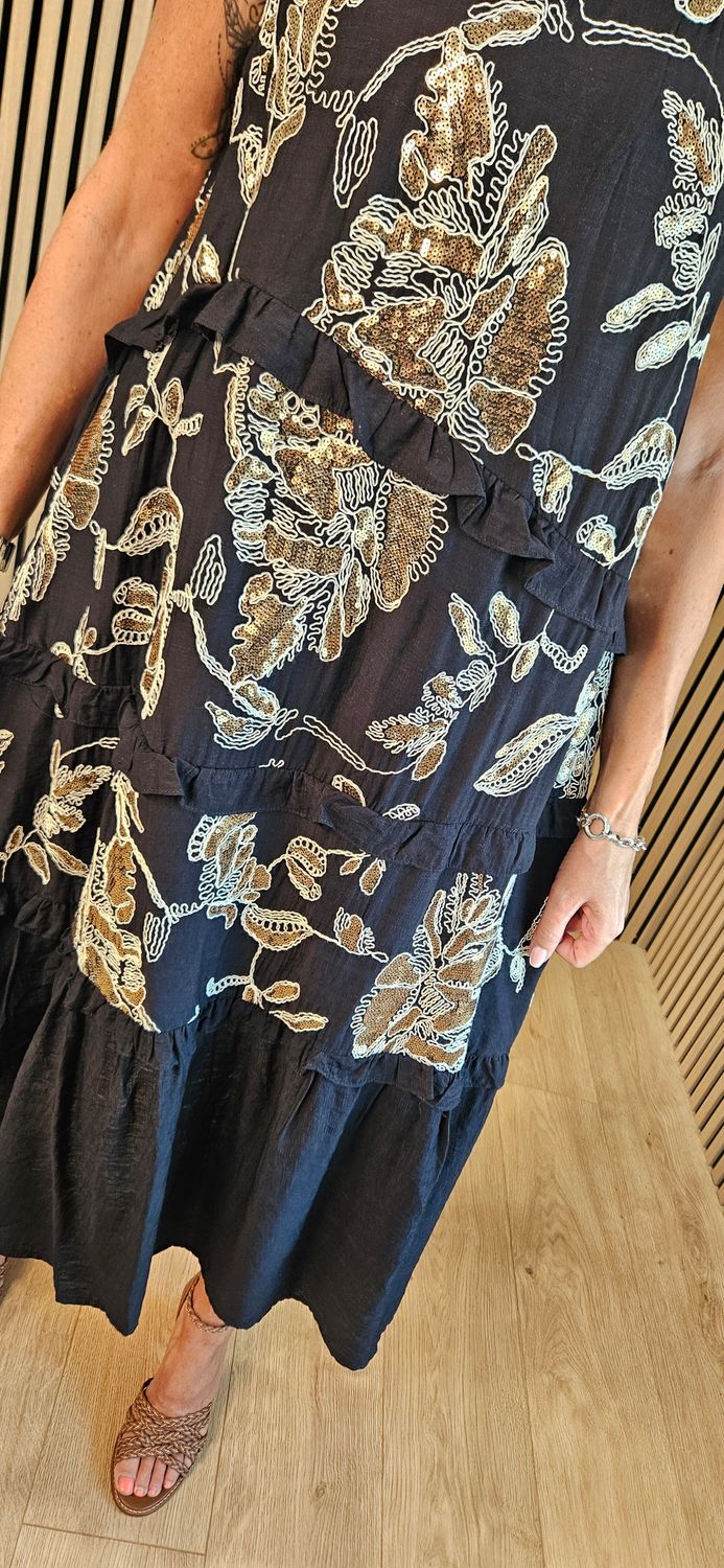 FLY OUT Sequin Floral Tiered Midi Dress ~ Black