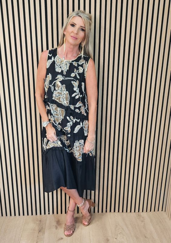 FLY OUT Sequin Floral Tiered Midi Dress ~ Black