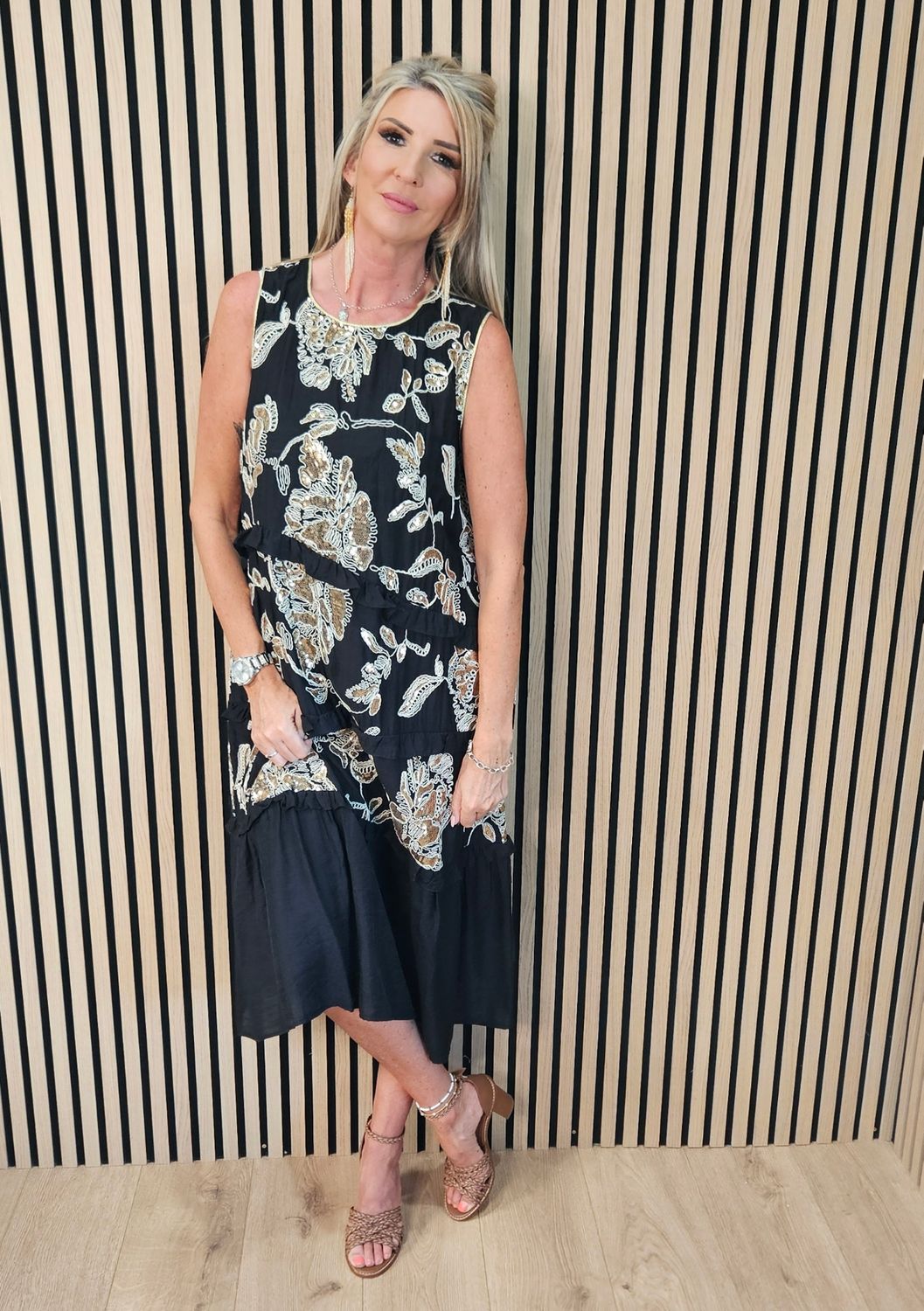 FLY OUT Sequin Floral Tiered Midi Dress ~ Black