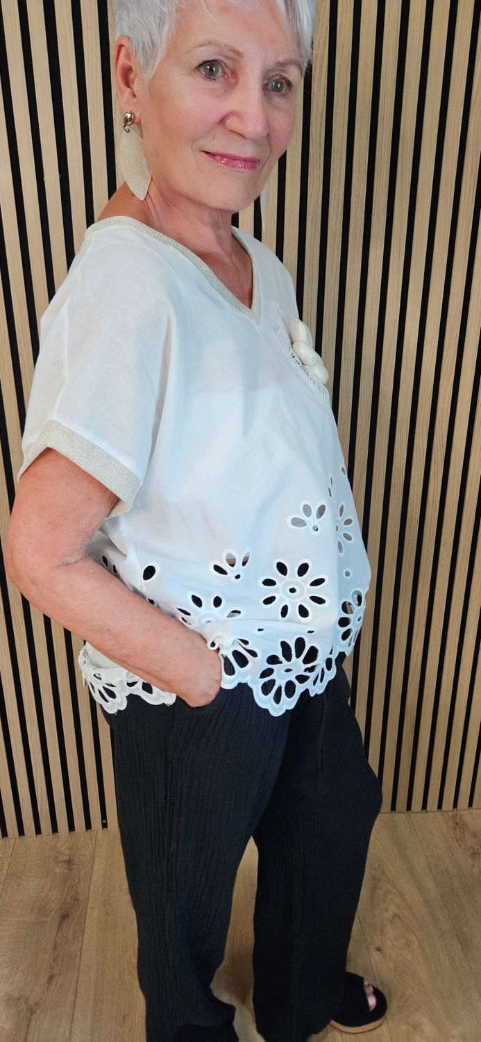 FLY OUT Floral Cutwork Cotton Top – White