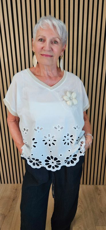 FLY OUT Floral Cutwork Cotton Top – White