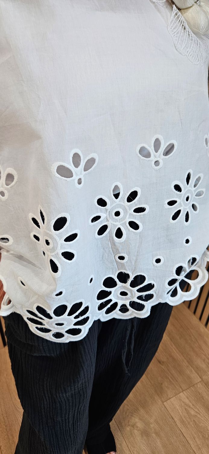 FLY OUT Floral Cutwork Cotton Top – White