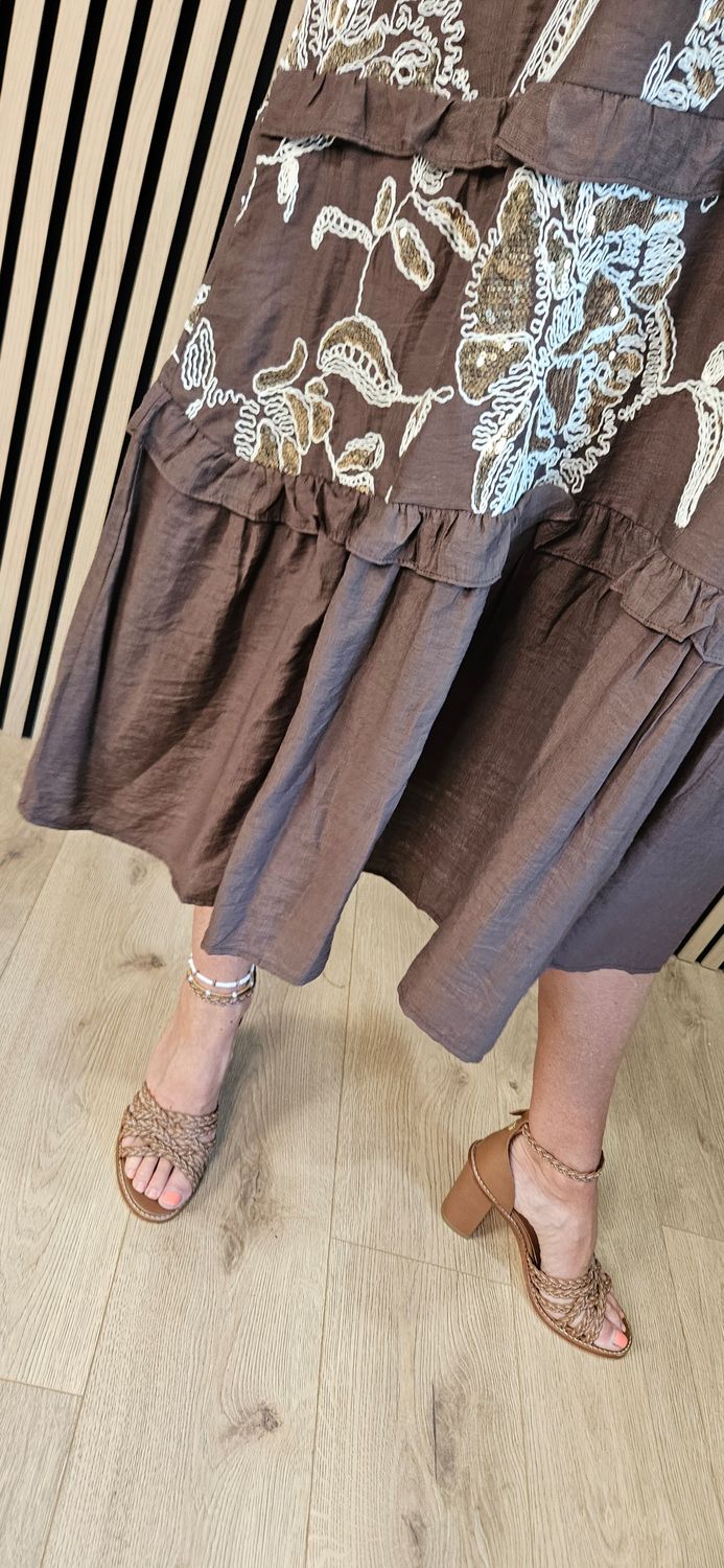 FLY OUT Sequin Floral Tiered Midi Dress - Brown