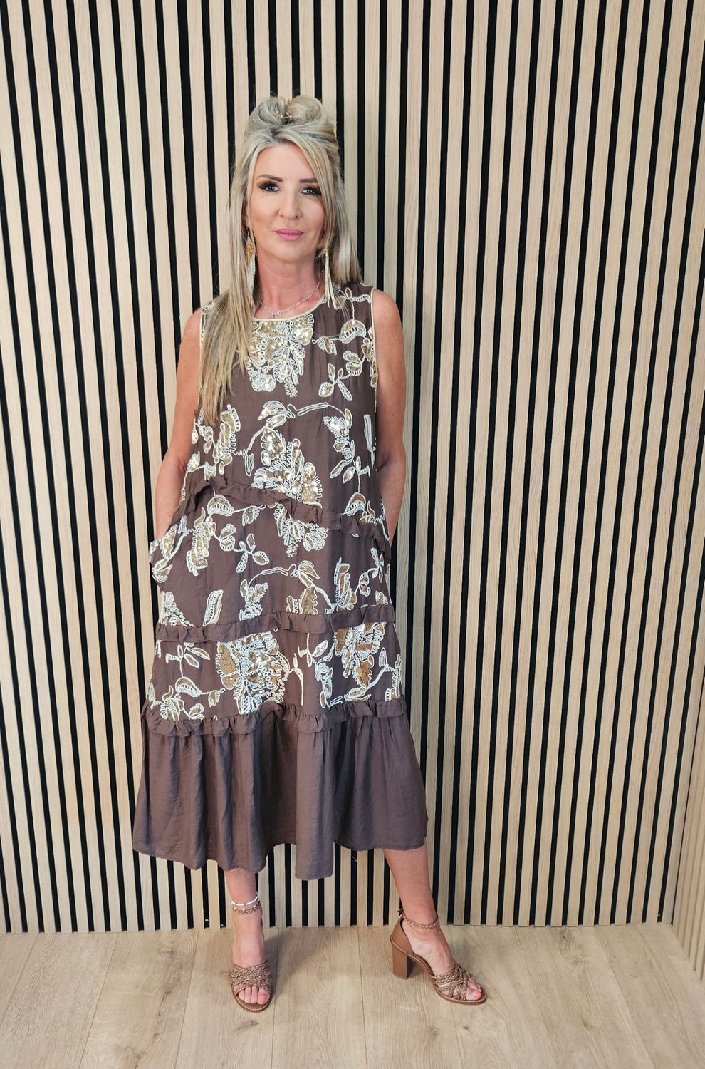 FLY OUT Sequin Floral Tiered Midi Dress - Brown