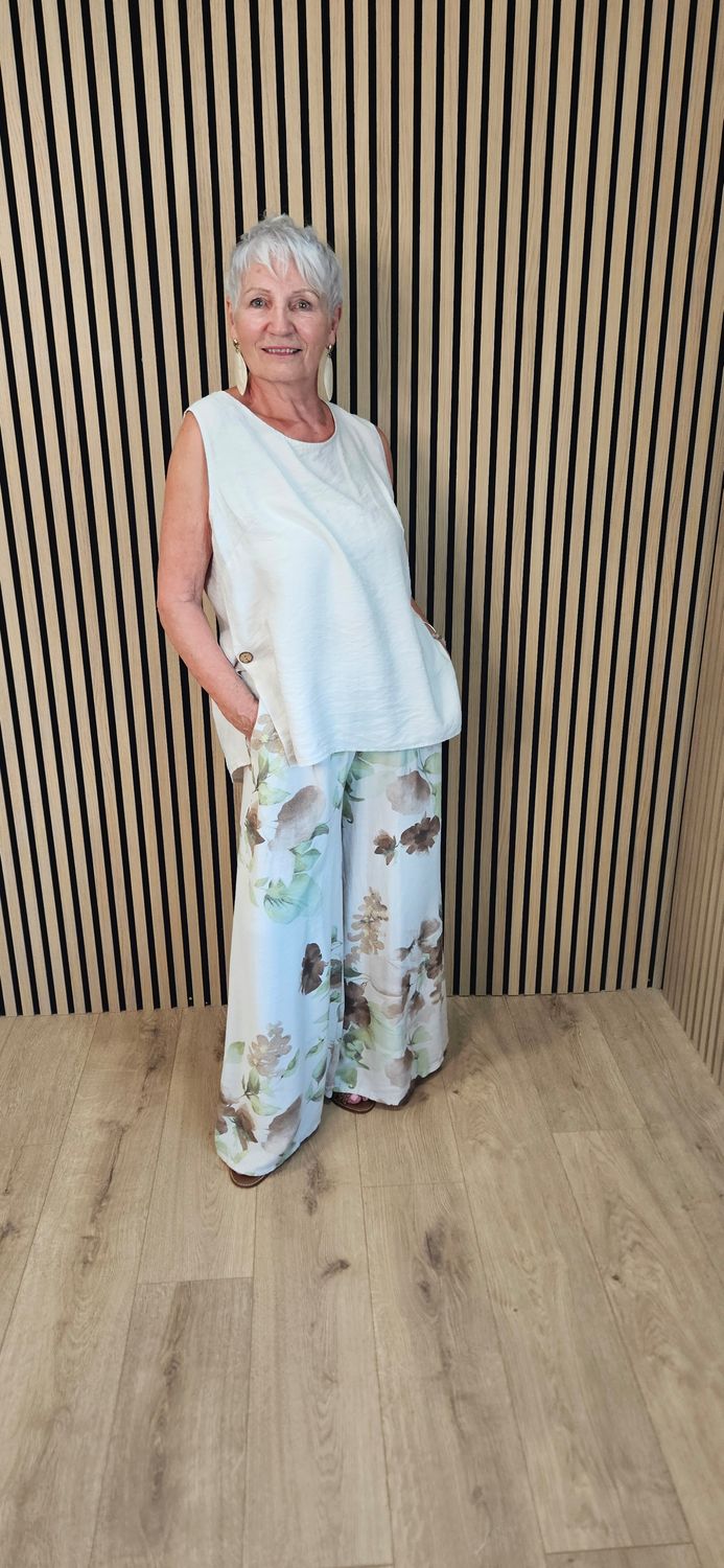 Floral Print Wide Leg Co-Ord – Stone