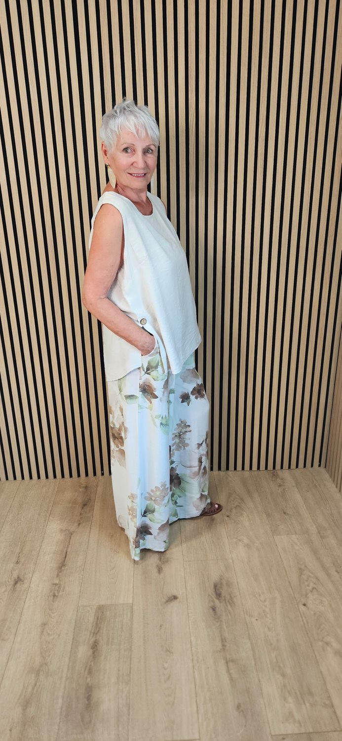 Floral Print Wide Leg Co-Ord – Stone