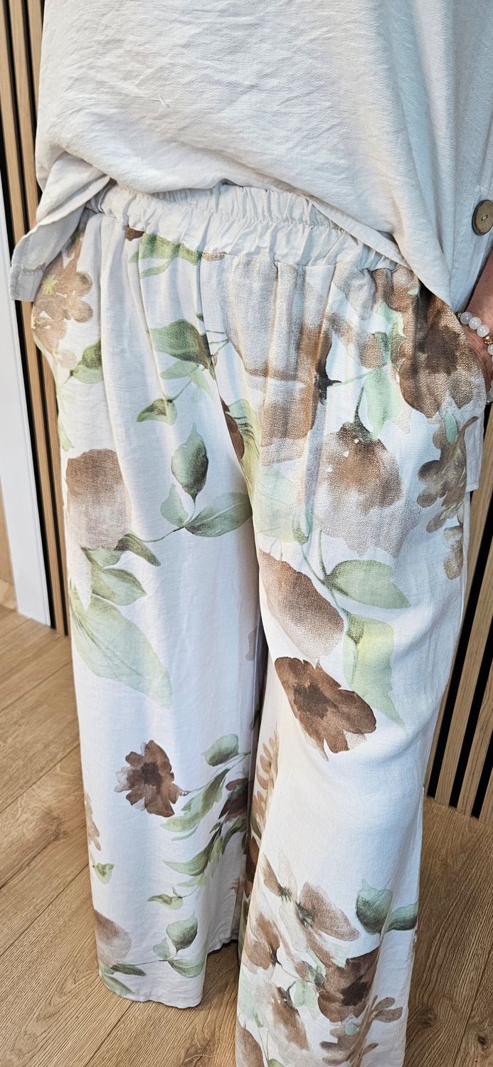 Floral Print Wide Leg Co-Ord – Stone