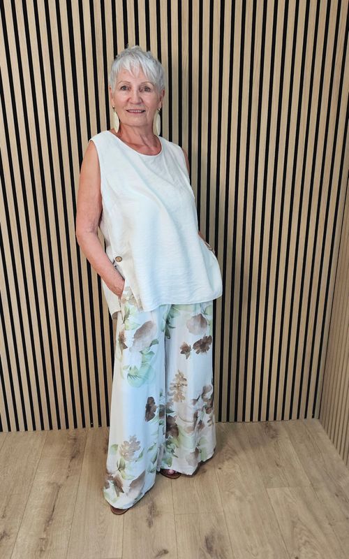 Floral Print Wide Leg Co-Ord – Stone
