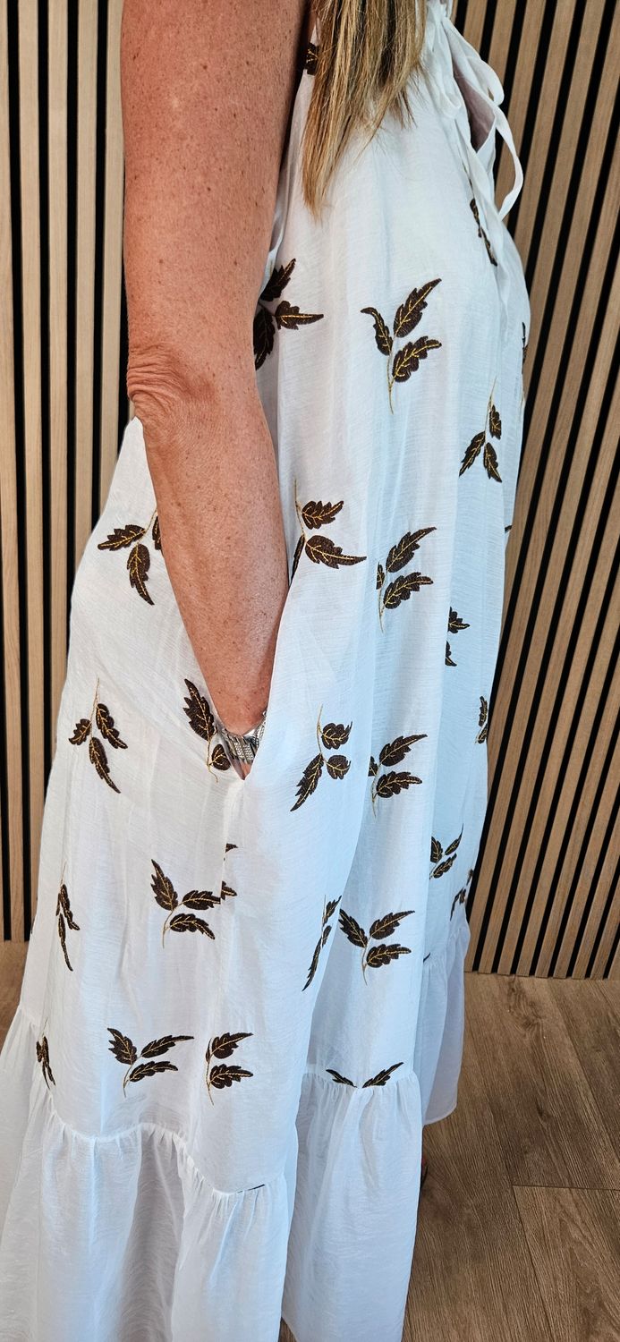 FLY OUT Embroidered Leaf Halterneck Maxi Dress
