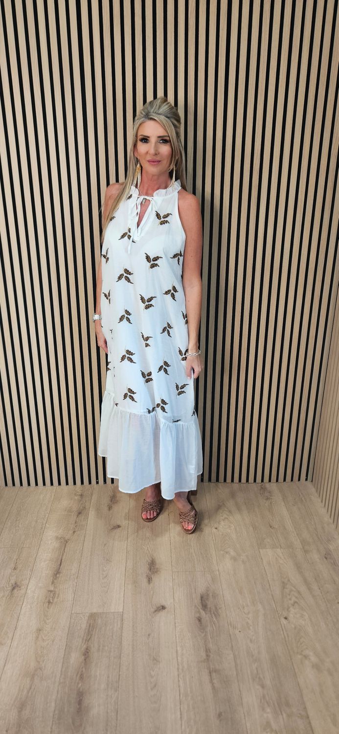 FLY OUT Embroidered Leaf Halterneck Maxi Dress
