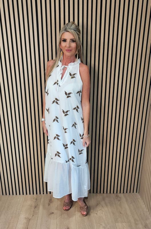FLY OUT Embroidered Leaf Halterneck Maxi Dress