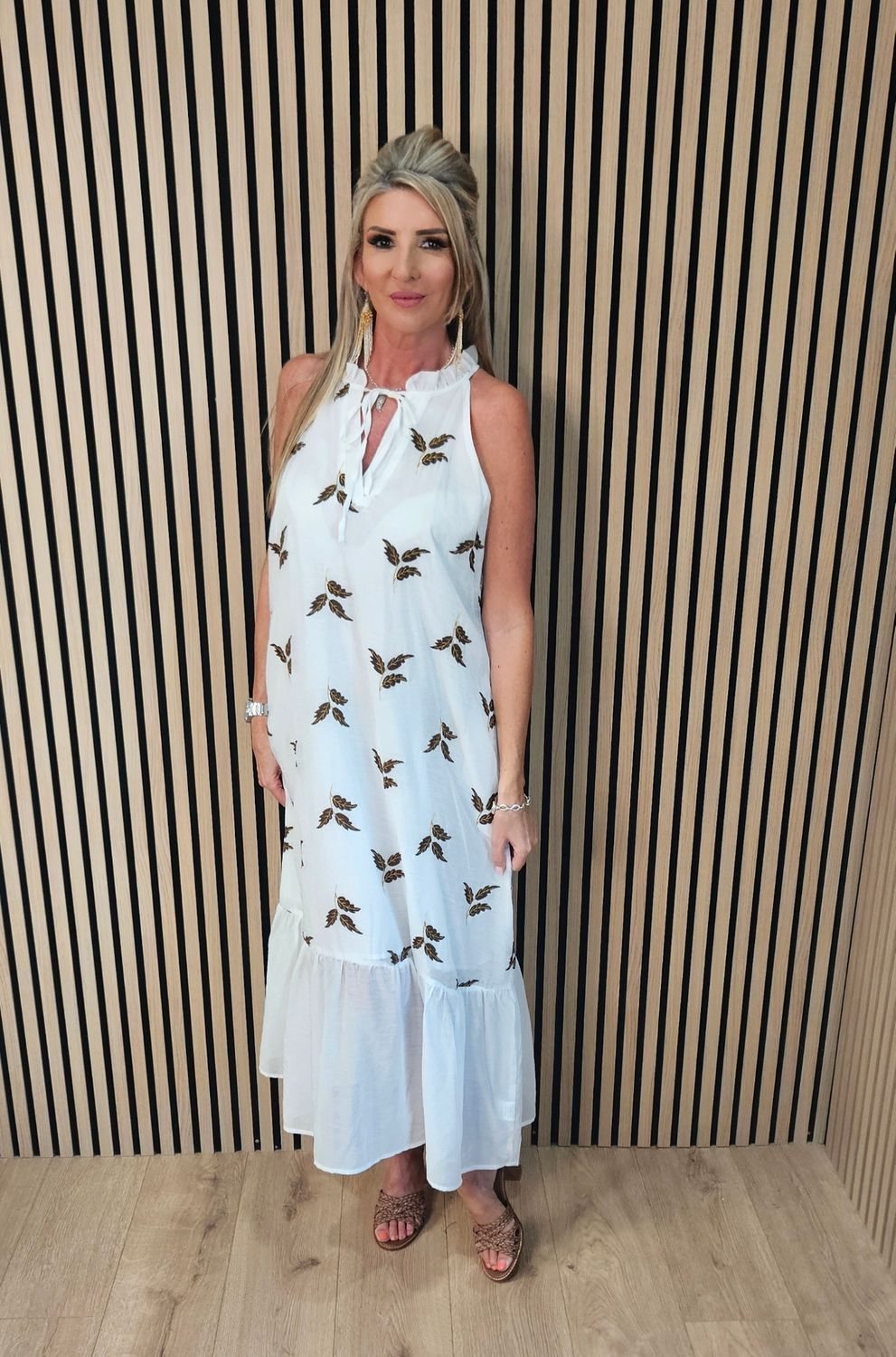 FLY OUT Embroidered Leaf Halterneck Maxi Dress