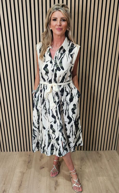 FLY OUT - Abstract Print Button-Through Midi Dress – Khaki