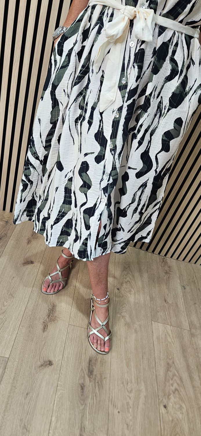 FLY OUT - Abstract Print Button-Through Midi Dress – Khaki