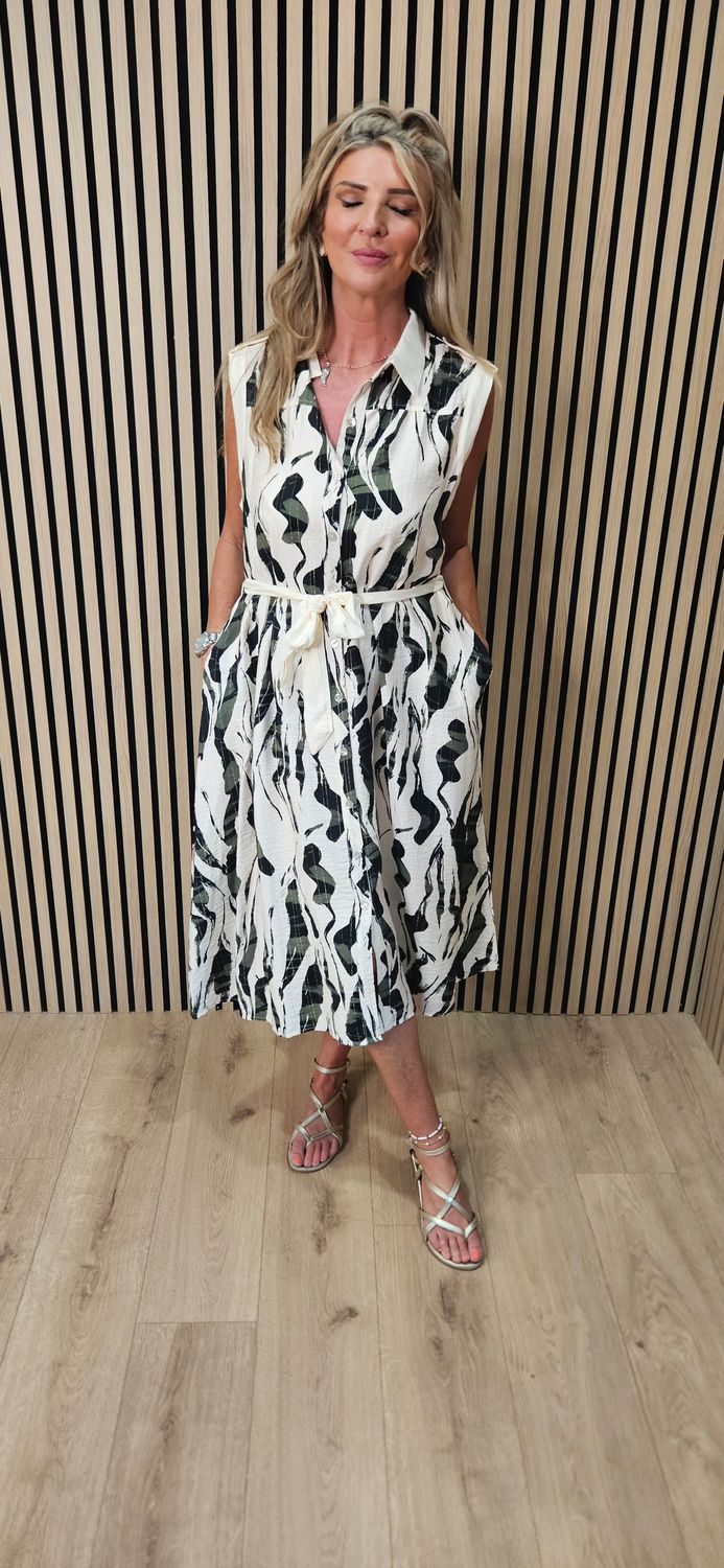FLY OUT - Abstract Print Button-Through Midi Dress – Khaki