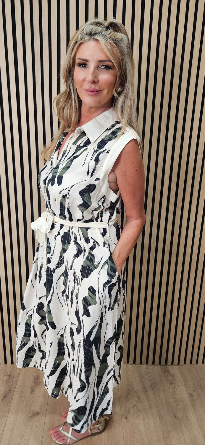 FLY OUT - Abstract Print Button-Through Midi Dress – Khaki