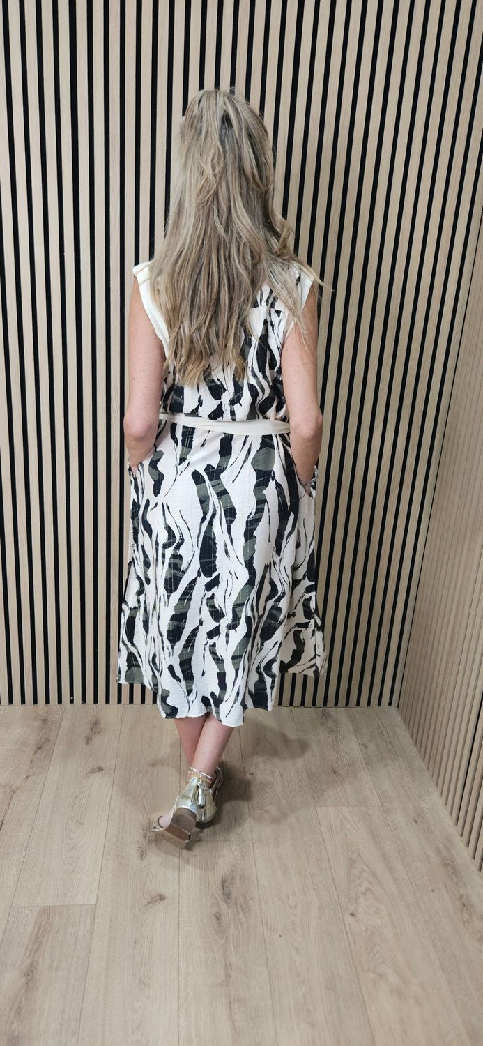 FLY OUT - Abstract Print Button-Through Midi Dress – Khaki