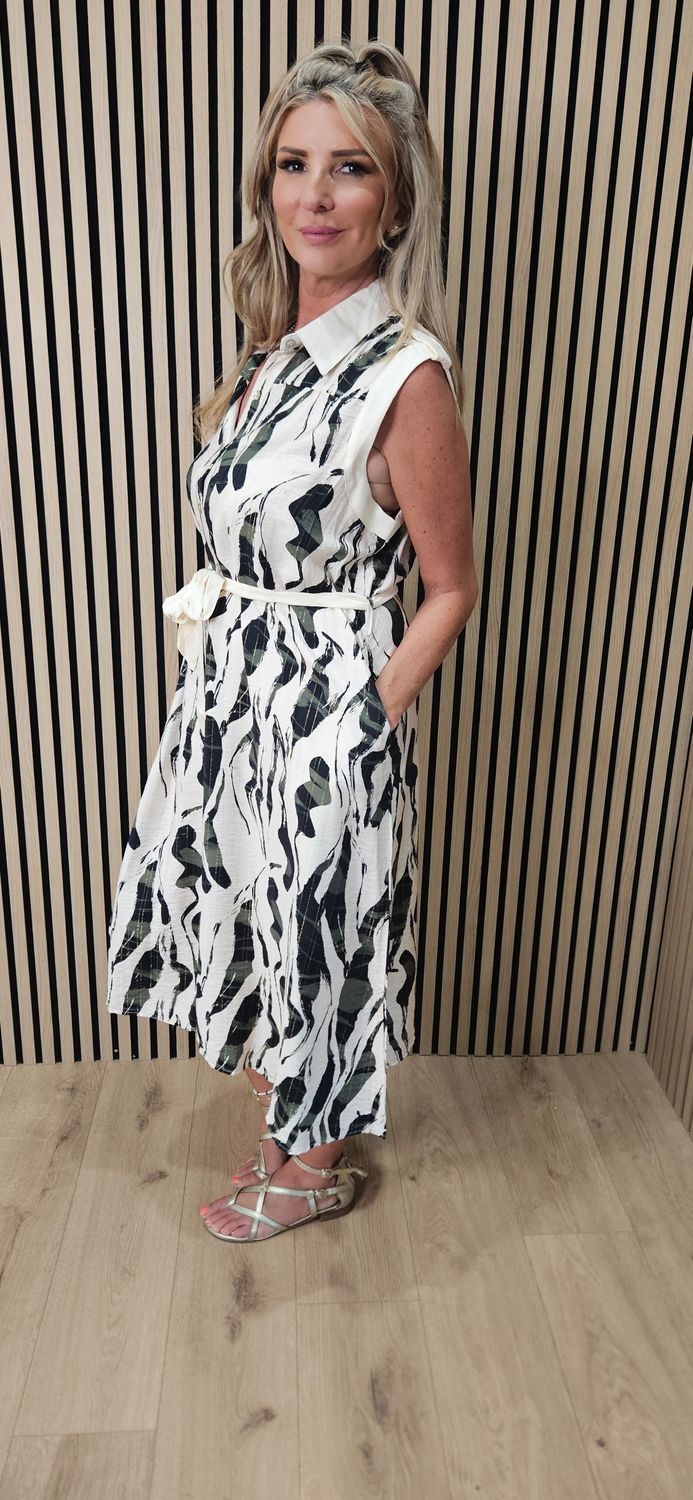 FLY OUT - Abstract Print Button-Through Midi Dress – Khaki