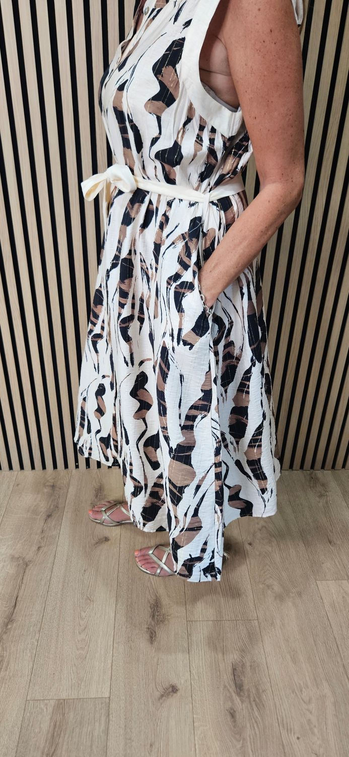 FLY OUT- Abstract Print Button-Through Midi Dress - Brown