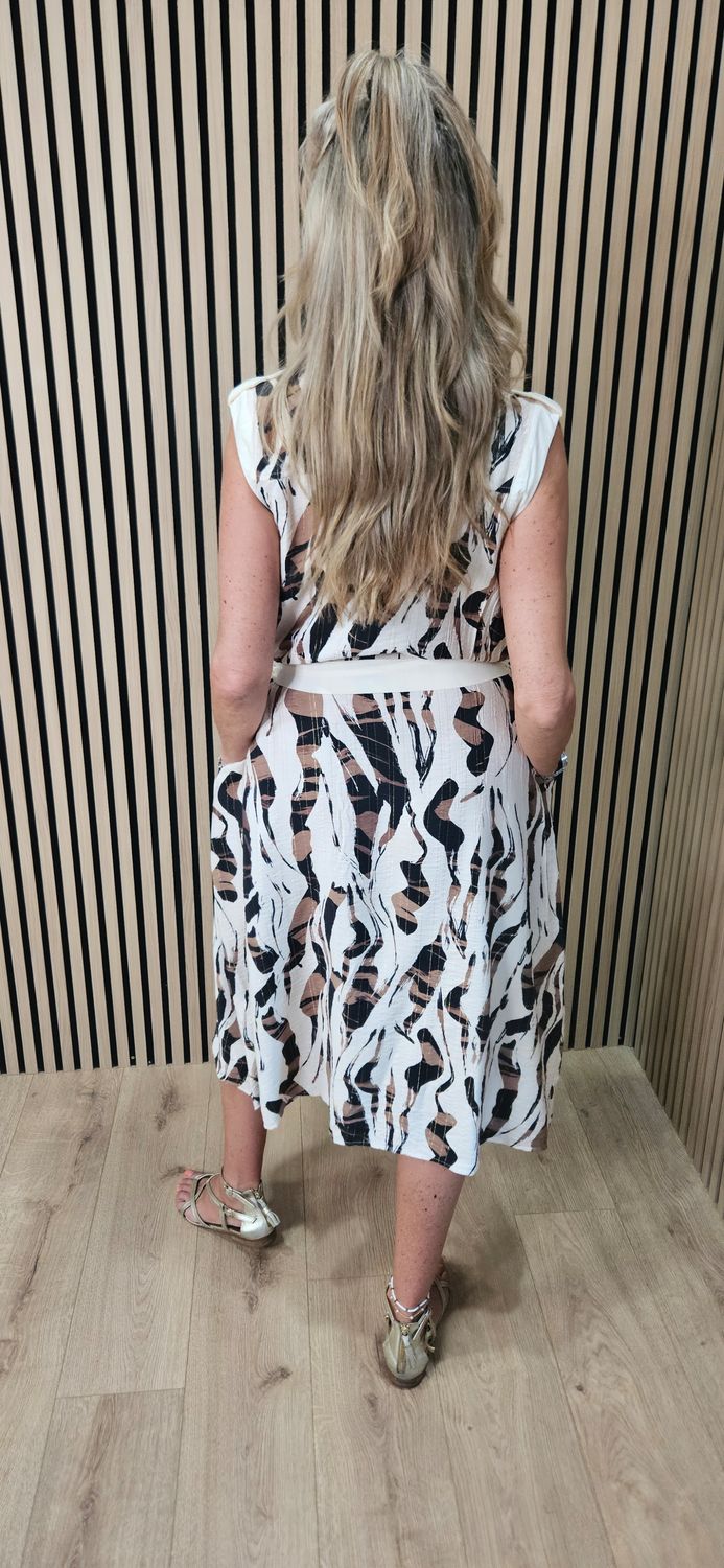 FLY OUT- Abstract Print Button-Through Midi Dress - Brown
