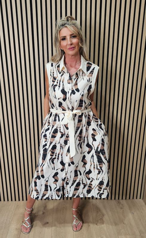 FLY OUT- Abstract Print Button-Through Midi Dress - Brown