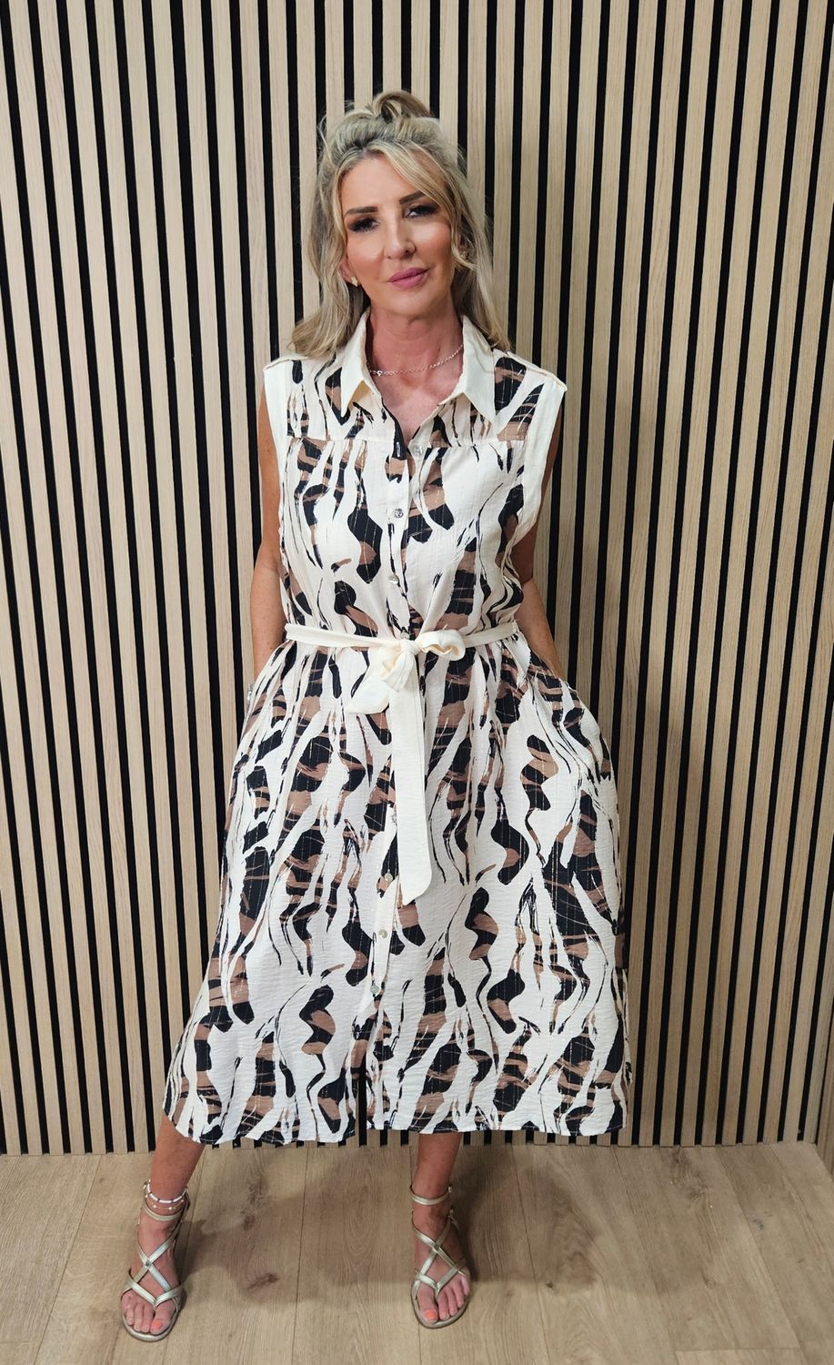 FLY OUT- Abstract Print Button-Through Midi Dress - Brown