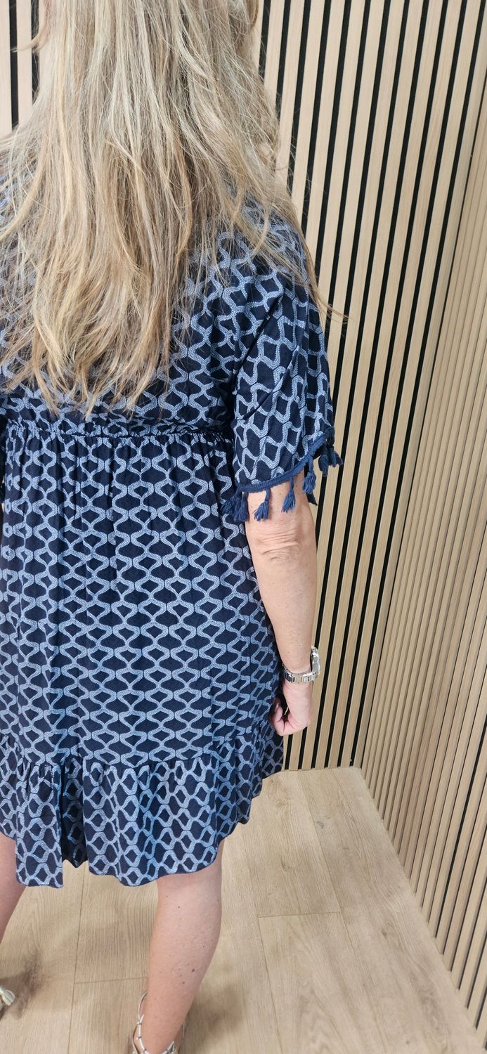 Geometric Tassel Detail Dress – Navy