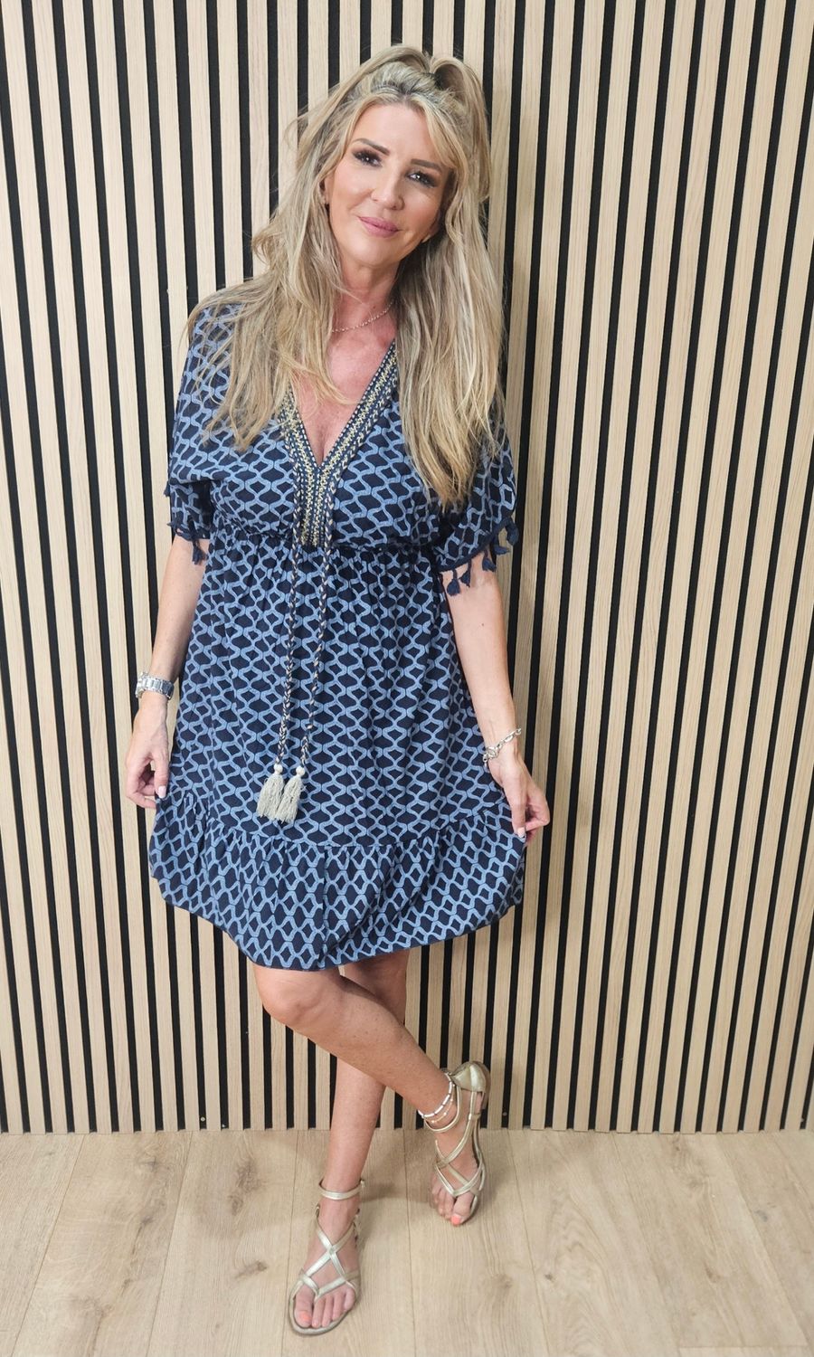 Geometric Tassel Detail Dress – Navy